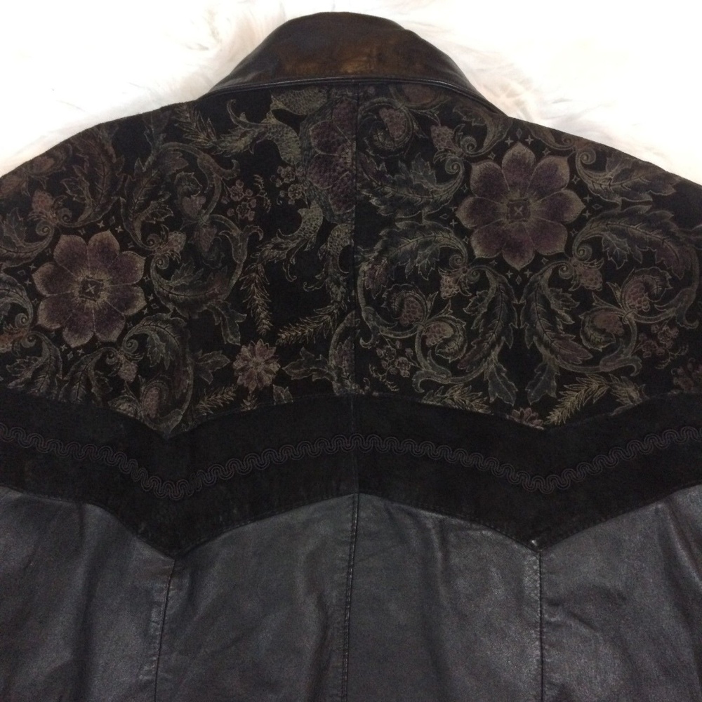 Vintage 80's Black Cropped Leather Jacket Floral - Picture 6 of 8